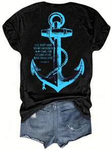 Camiseta estampada de cuello redondo, top casual de manga corta para mujer, ropa de mujer - Transpirable y agradable para la piel - Negro - Ver 3