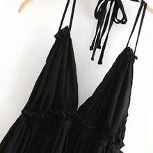 Dobby Mesh Self-Tie Ruffled Halter Dress - Negro - Ver 4