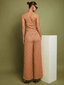 Set de 2 piezas de Top con hombros y pantalones a lunares para mujer, uso casual minimalista de todos los días - Amarillo - Ver 2