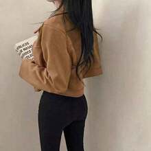 Chaqueta de mujer de unicolor con cuello vuelto y cremallera, de manga larga, adecuada para uso diario, escuela y aeropuerto, primavera/otoño, color negro - marrón amarillento - Ver 5