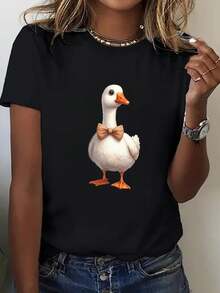 Camiseta de talla grande para mujer con diseño de pato - Corte holgado, manga corta, cuello redondo, color blanco, con un pato marrón de diseño de pico naranja, textura brillante, tela ligera y transpirable, perfecta para uso casual en primavera y verano, una prenda divertida para todas las estaciones. Camisetas gráficas de verano para mujer, camisa casual estampada, manga corta y cuello redondo, moda urbana local de primavera/verano. - Negro - Ver 1