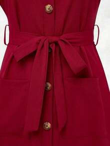 Vestido sencillo y diario para mujer con cinturón y unicolor para el verano - Rojo 2 - Ver 3