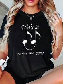 Camiseta de algodón puro para festival de música. La música trae felicidad. Diseño de nota musical y estampado de cara sonriente con la frase "La música me hace sonreír". Camiseta de mujer, moderna, casual, de cuello redondo, para primavera-verano. Atuendo creativo. Cómoda para el uso diario y para salir. - Negro - Ver 6