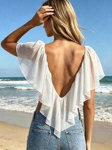Women T-Shirt, Short Sleeve V Neck Backless Ruffled Ladies Crop Top Summer Tops For Party Club - Blanco - Ver 2