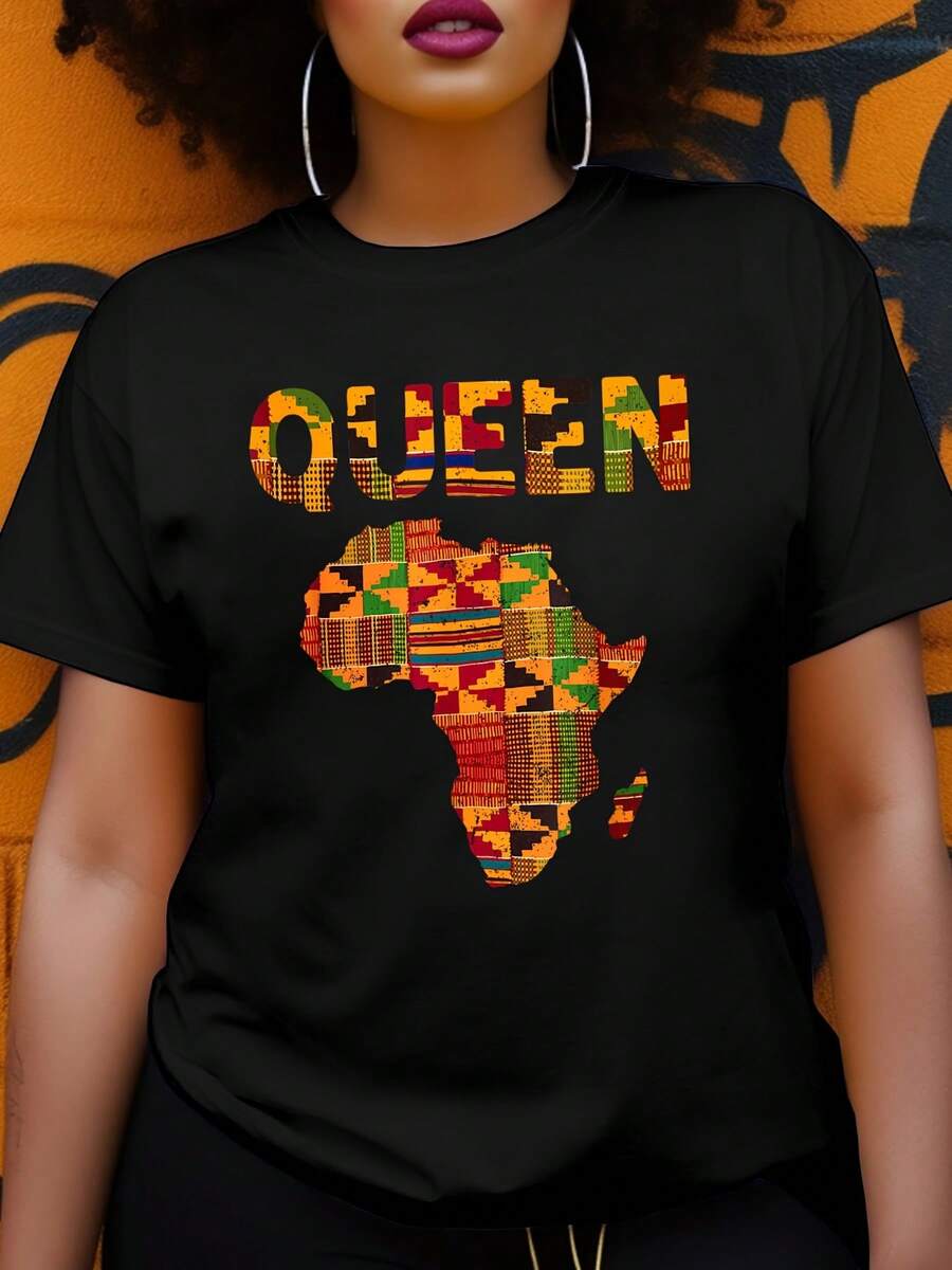 Elegant Women's Everyday T-Shirt With Kente African Queen Print - Eye-Catching Letter Print With A Vibrant African Map Design, Casual Short-Sleeve Crew Neck T-Shirt, Suitable For Spring And Summer, Machine Washable, Comfortable Fit, Sizes Run Large So It Is Recommended To Order One Size Smaller, Chic Fashion T-Shirt 100% Cotton. - 黑色 - 查看 1