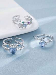 Bộ 3 chiếc nhẫn kiểu Y2K hình nơ, trái tim và đá đính, thích hợp cho nữ, dùng hàng ngày, dự tiệc, làm quà Giáng sinh. - Bạc - Xem 2