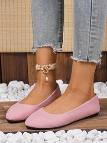 Women's Suede Flat Shoes, Solid Color Pointed Toe Low Heel Slip-On Boat Shoes, Candy Color Round Toe Cloth Shoes, Versatile Flat Shoes - Pink - View 5