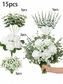 30支人造尤加利葉枝帶漿果，仿真綠植花莖，適用於婚禮、花瓶、花束、花藝裝飾、家居裝飾、花藝布置 - 白色 - 查看 11