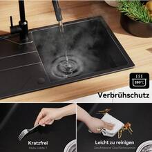 Diese Küchenspüle mit einem Becken (65*45 cm/78*45cm) und Quarzstein-Arbeitsplatte ist einfach zu installieren. Sie verfügt über einen Überlauf mit passendem Überlaufmechanismus. Zwei Armaturenbohrungen sind bereits vorhanden. Das dichte, robuste und form- sowie farbbeständige Material sorgt mit seiner großen Arbeitsfläche und den abgerundeten Ecken für komfortables Waschen, Schneiden und Auftauen. - 78*45 - Übersicht 5