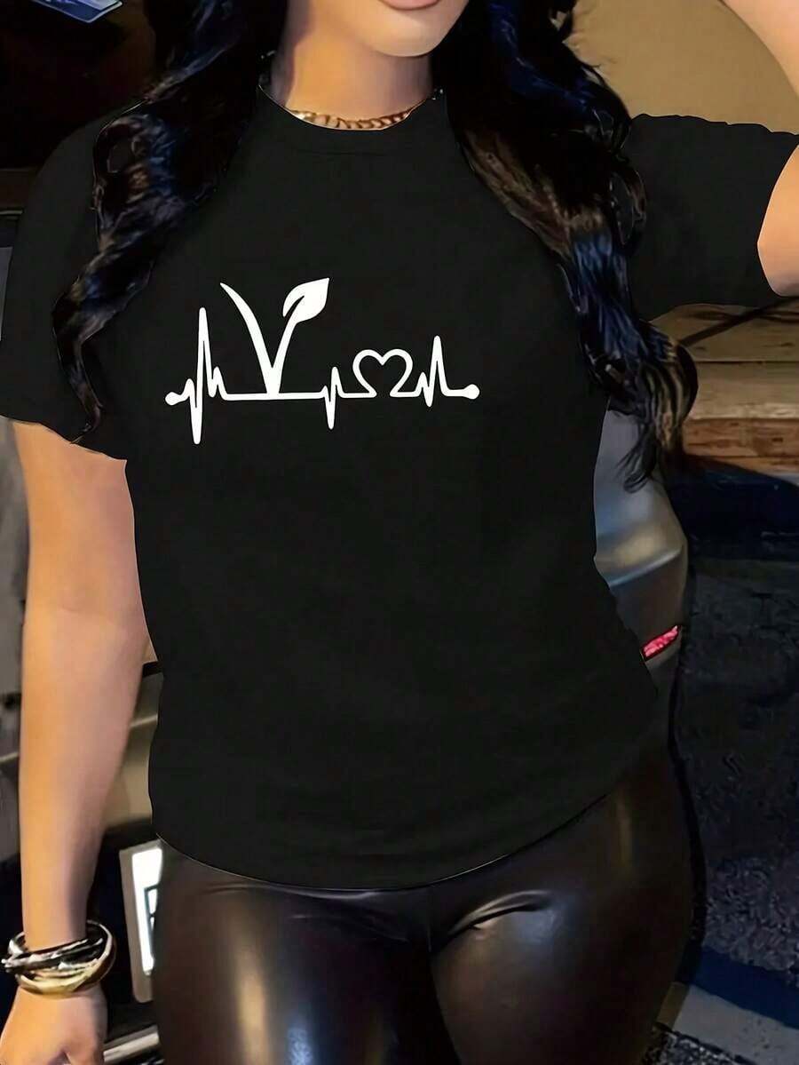 Camiseta Vintage de Algodón Puro para Mujer con Estampado de Latidos del Corazón, Cuello Redondo Casual, Manga Corta, Suave y Transpirable para Uso Diario, Tallas Disponibles, Camiseta Básica Negra para Verano, Diseño de Letras y Hojas, Corte Holgado para Ropa Casual. - Negro - Ver 1