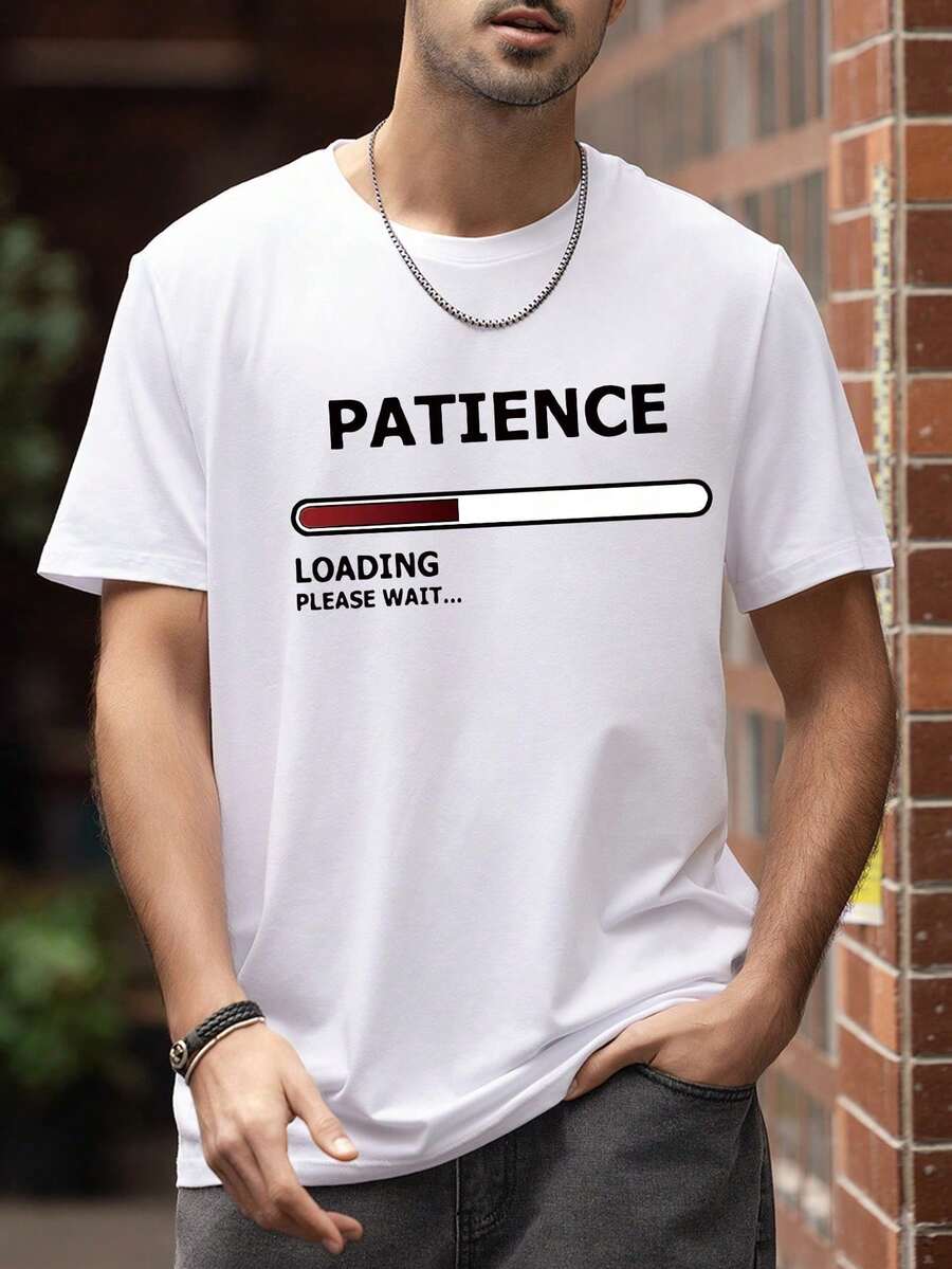 Men's Letter Print Round Neck Short Sleeve T-Shirt, Summer - White - View 1