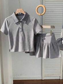 Conjunto de 2 piezas de camiseta de manga corta a rayas y minifalda casual de verano para mujer - Gris - Ver 12