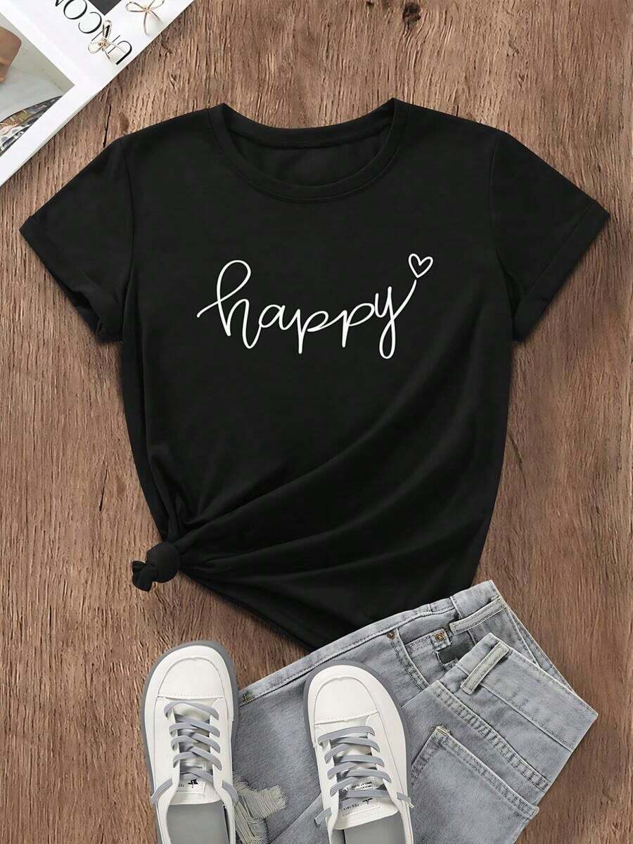 Playera de mujer de algodón 100% con estampado moderno happy", estilo casual minimalista, cuello redondo, manga corta cómoda para verano y uso diario elegante - Negro - Ver 1