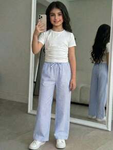 Conjunto de Camiseta de Manga Corta con Cuello Redondo y Pantalones Cómodos para Niñas Adolescentes - Negro - Ver 10