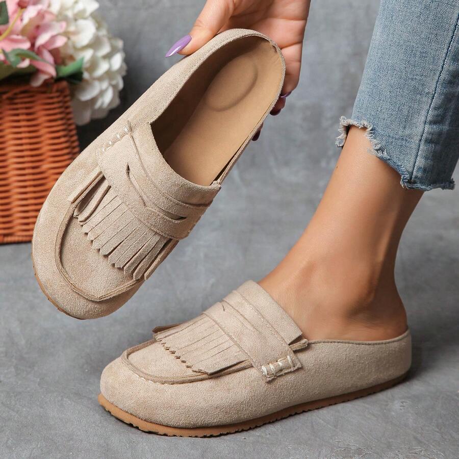 Sepatu Loafer Slip-On Wanita, Sandal Datar Retro, Serbaguna untuk Sekolah, Kantor, dan Pakaian Kasual - Khaki - View 1