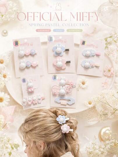  6pcs Miffy Spring Licensed Rabbit Plaid Floral Cute Cartoon Hair Accessories Set, Including Hair Ties And Clips, Japanese Kawaii Style, Soft Acrylic And Fabric Material, Metal Clips And Elastic Bands, Lightweight And Comfortable, Suitable For Daily Wear, School And Work