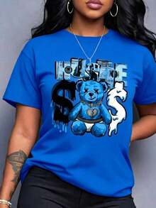 1 Piece Casual Fashion For Men And Women Spring Clothes Women Light Blue Bear Pattern Printed T-Shirt - Short Sleeve Round Neck Casual Top With Effort Slogan And Dollar Sign Design, Machine Washable Suitable For All Seasons, Comfortable Loose Fit And Comfortable Summer Versatile Style, Easy To Match, Suitable For Daily Wear, Urban Style, Holiday Outfits, Weekend Outfits. - 藍色 - 查看 6