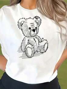 Camiseta de talla grande para mujer, de manga corta, color sólido, estilo casual, holgada, para primavera y verano, de poliéster, con estampado creativo de oso, a la moda, de manga corta, sencilla, casual, deportiva, cómoda para vacaciones, transpirable y confortable. - Blanco - Ver 3