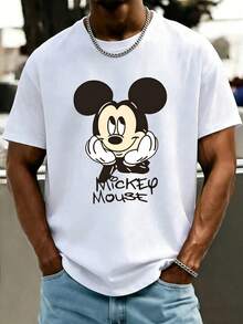 Unisex Disney Mickey Signature Tee, Minimalist Print, Casual Fit, Versatile For Any Outfit. - 白色 - 查看 1