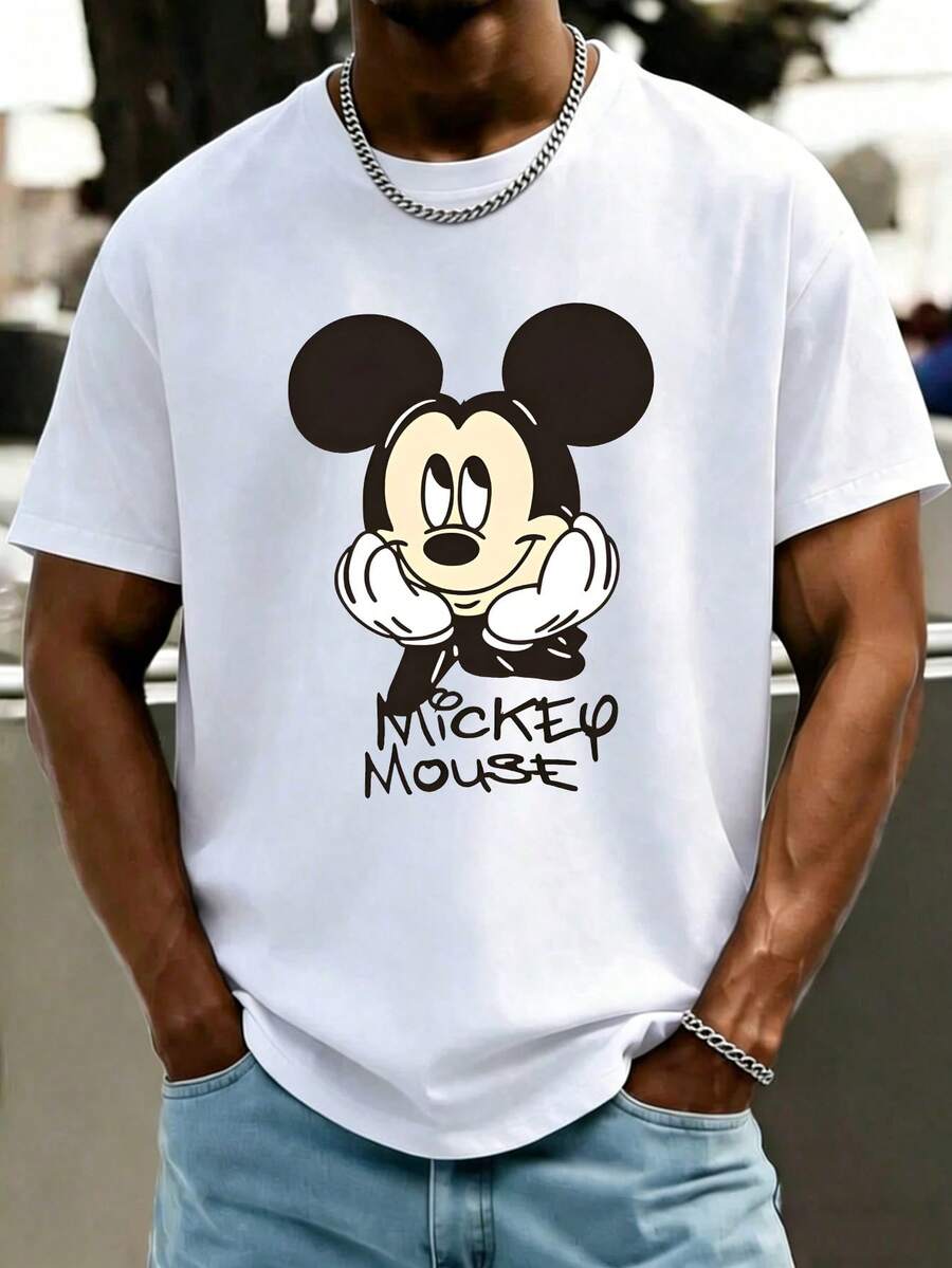 Unisex Disney Mickey Signature Tee, Minimalist Print, Casual Fit, Versatile For Any Outfit. - 白色 - 查看 1
