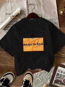 Women's Vintage T-Shirt [Double-Sided Print], Short-Sleeved, Round Neck, Casual Style, With The Brand "Champagne" And The Phrase "Champagne For Breakfast" Printed In A Yellow Rectangle On The Back, Machine Washable, Suitable For Casual Wear, Multi-Purpose Clothing, Fashionable T-Shirt, Comfortable Material, For Fashion Enthusiasts. - 黑色 - 查看 2