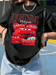 Unisex Disney Cars Lightning McQueen Tee, Racing Print, Casual Fit, Bold Streetwear Style. - 黑色 - 查看 2