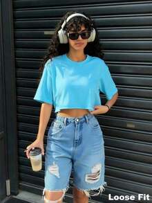 Blusa de mujer de cuello redondo, manga corta, holgada y casual, adecuada para primavera y verano, con estilo minimalista, elegante y sexy Y2K, versátil para el trabajo, el hogar y salir - Azul - Ver 4