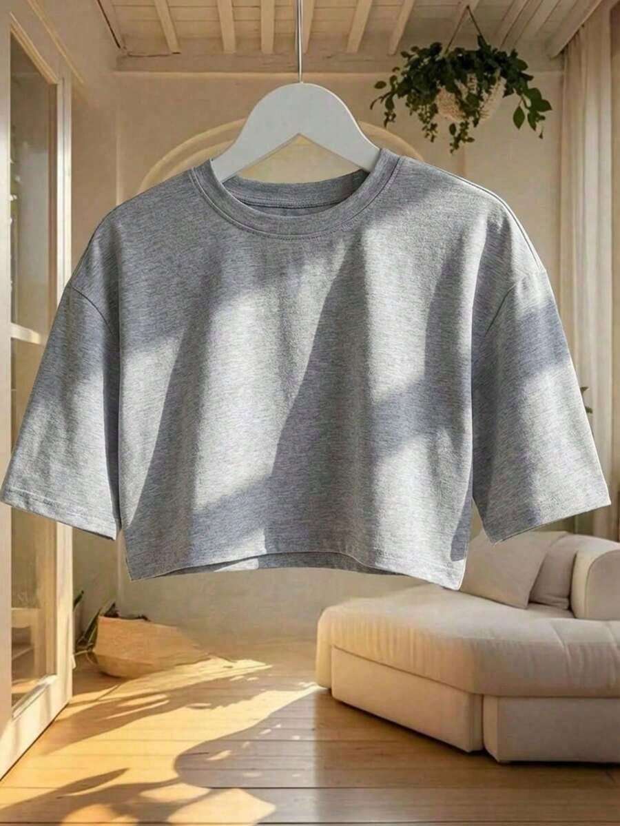 Blusa de mujer de cuello redondo, manga corta, holgada y casual, de estilo minimalista, elegante y sexy Y2K, adecuada para uso diario, oficina, hogar, exterior, primavera/verano - Gris Claro - Ver 1