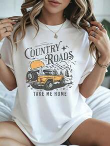 Women's "Country Roads Take Me Home" Graphic T-Shirt, Mountain Sunset Design, Casual Summer Clothing For Outdoor Adventures - 白色 - 查看 8