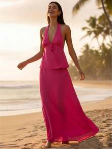 Conjunto coordinado para mujer de top con cuello halter y nudo frontal + falda larga, tela de gasa con espalda abierta, ideal para look casual y fiestas en verano - Rosa Fucsia - Ver 1