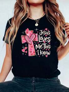 Camiseta Mujer Casual Manga Corta Cuello Redondo Moda 2026 Jesus Loves Me This I Know God Religiosa Cristiana San Valentín - Camiseta Cómoda, Suave, Simple para Uso Diario, Manga Corta - Negro - Ver 3