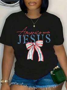 White T-Shirt With Patriotic Print "America Needs Jesus" - Women's Casual Religious Statement T-Shirt, Perfect For Everyday Wear, Church Or National Celebrations. - 黑色 - 查看 1
