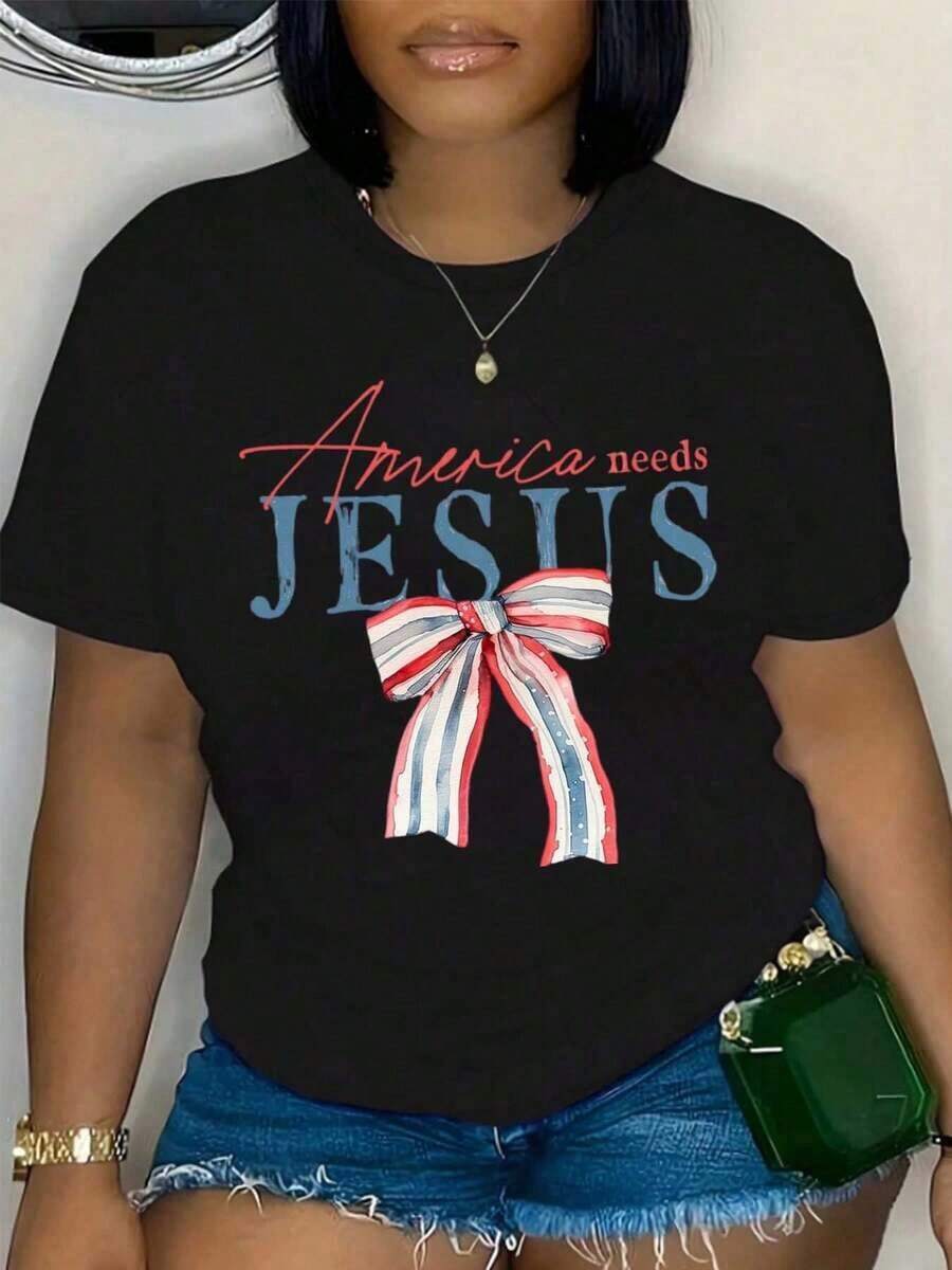 White T-Shirt With Patriotic Print "America Needs Jesus" - Women's Casual Religious Statement T-Shirt, Perfect For Everyday Wear, Church Or National Celebrations. - 黑色 - 查看 1