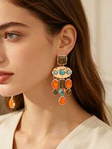 1 Pair Bohemian Vintage Exaggerated Turquoise Resin Earrings For Women - Multicolor - View 3
