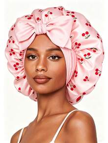 CONFLASS Cherry Patterned Round Bonnet With Bow And Long Ribbon Layers, Silk Tie Sleep Cap, Satin Lined, Suitable For Women's Curly Hair, Braids And Natural Hairstyles - Multicolor - View 1