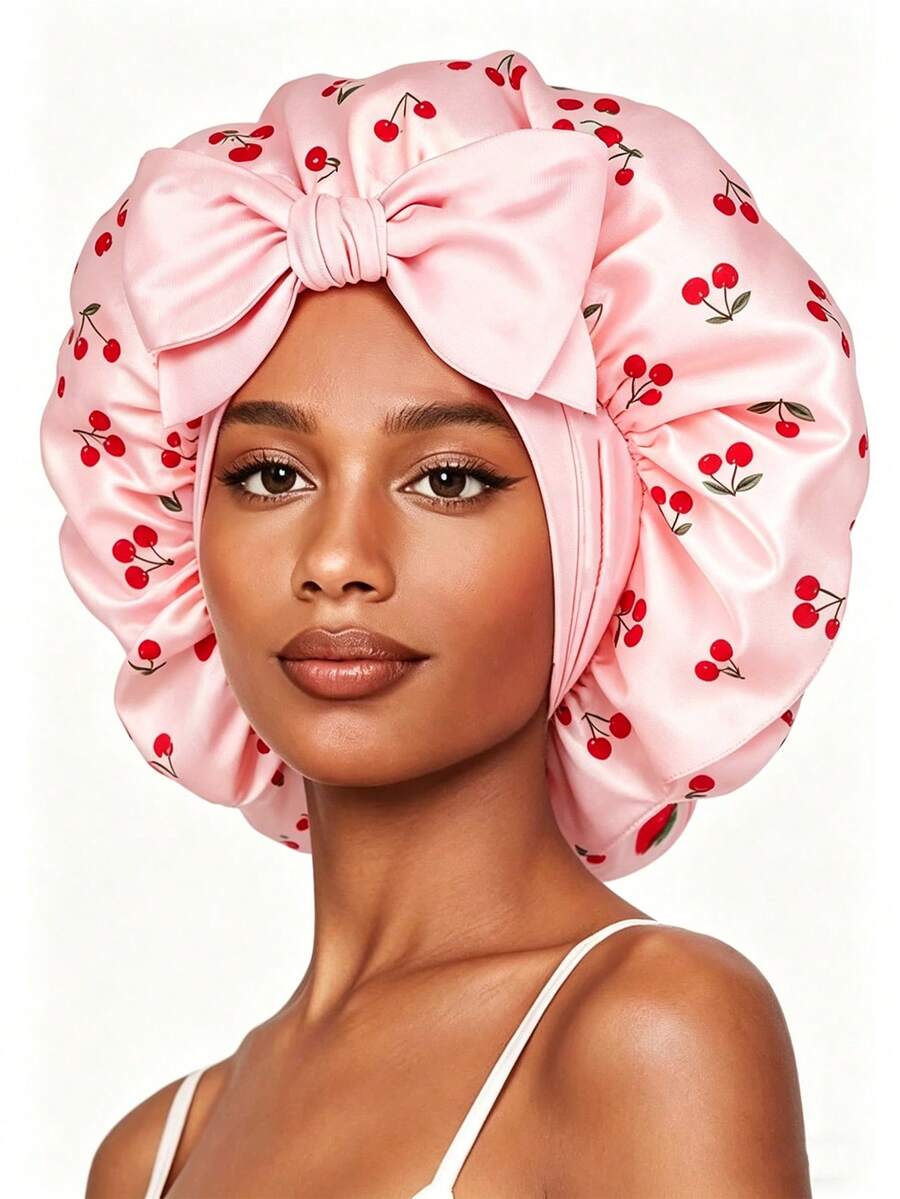 CONFLASS Cherry Patterned Round Bonnet With Bow And Long Ribbon Layers, Silk Tie Sleep Cap, Satin Lined, Suitable For Women's Curly Hair, Braids And Natural Hairstyles - Multicolor - View 1