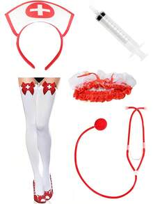 Set de accesorios para disfraz de enfermera (Halloween) - Incluye diadema, estetoscopio, medias, jeringa de simulación, liguero y asistente médico - Ideal para trabajo, disfraces, fiestas temáticas y carnaval. - Blanco - Ver 1