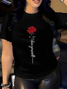 Women's Short Sleeve T-Shirt Mexico Shipping High Quality Breathable Fabric Machine Washable Print Cool Sports Round Neck Casual Short Sleeve Versatile  Machine Washable, Casual Round Neck Sports Student Work Top, Comfortable And Modern Fashion | Women's Summer Dresses Local Store Black Short Sleeve T-Shirt With A Beautiful Rose Red And The Message "Love Yourself" Printed Leisure - 黑色 - 查看 6