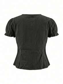 Camiseta de manga corta con mangas de pétalos de encaje, estilo dulce y encantador, ajuste delgado al estilo coreano para primavera/verano en color negro - Negro - Ver 7