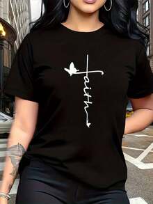 Women's T-Shirt, Plus Size, "Faith" Design Combining Christian Cross And Butterfly Prints, Modern And Simple, Round Neck, Casual, Versatile, Short Sleeve, Suitable For Daily Wear, Travel, Vacation And Other Occasions 915 (Pants Not Included) Women's T-Shirts - 黑色 - 查看 6