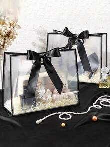 Reusable Transparent Plastic Gift Bags With Hollow Handles, Suitable For Mother's Day, Wedding, Graduation, Bridal Shower, Baby Shower, Decorated With Ribbons - Black - View 3