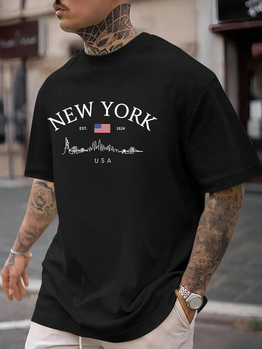 Camiseta com estampa do horizonte de Nova York - Camiseta casual de gola redonda em mistura de poliéster com leve elasticidade - Camiseta de manga curta com estampa geométrica para homens - Top estiloso para o verão - Preto - Ver 1