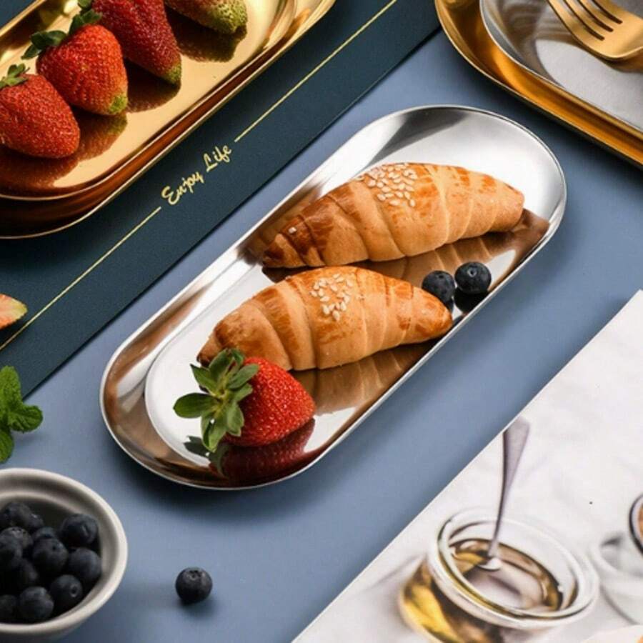 Khay đựng bánh mì hình bầu dục bằng thép không gỉ, giá đỡ tráng miệng trang nhã dùng cho tiệc trà chiều, trưng bày bánh ngọt và các món tráng miệng. - Bạc - Xem 1