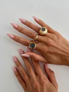 3pcs/Set Chunky Gold-Plated Seal Ring Set, Black Pave Crystal Personalized Stackable Rings, Vintage Textured Geometric Design Women's Daily Wear Jewelry - Gold - View 3
