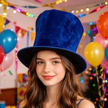 Velvet Vintage Dramatic All Seasons Top Hat, Distressed Texture, Relaxed Fit, Perfect For Themed Party, Halloween Cosplay, Stage Performance - Dark Blue - View 3