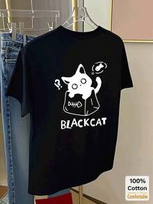 Camiseta de manga corta de longitud media con estampado de dibujos animados personalizado para mujer, camiseta gráfica elegante, informal, negra, estilo vintage de verano, estilo callejero, holgada, de algodón, con cuello redondo. - Negro - Ver 2