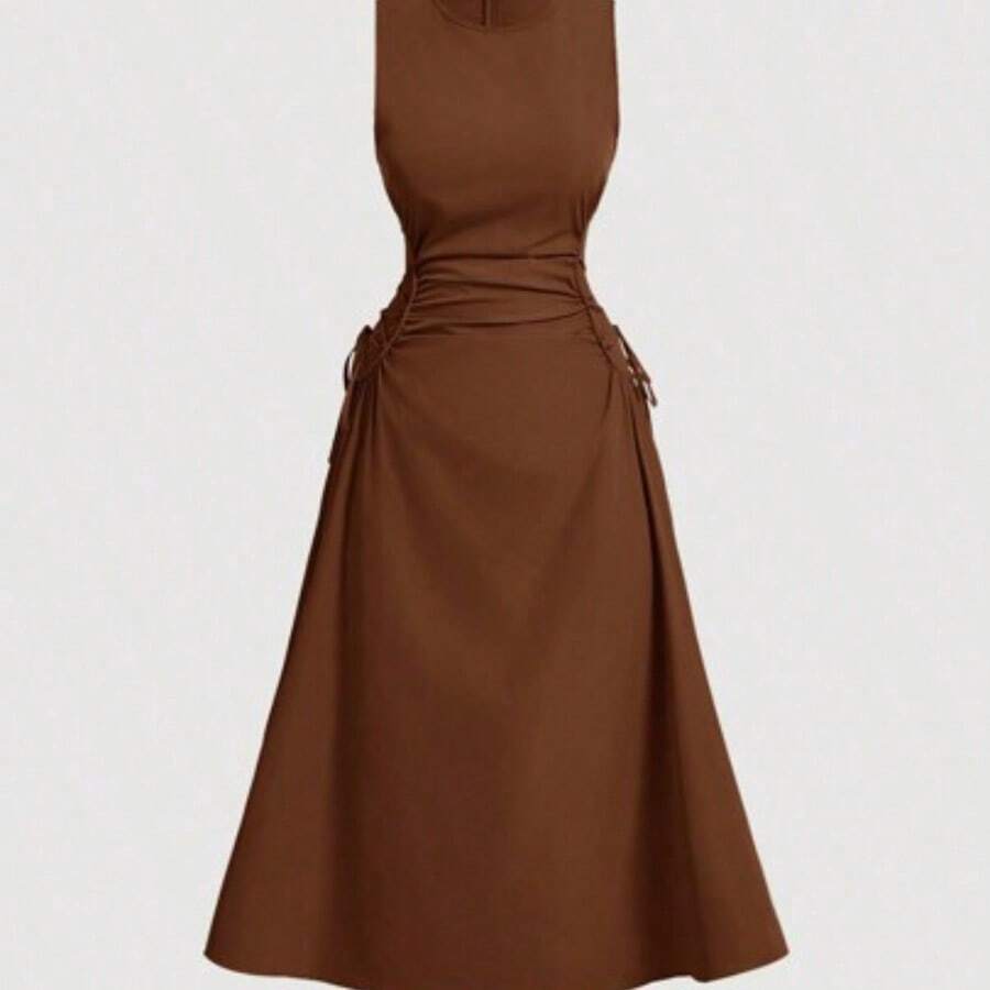 MOD Plus Size Solid Color Round Neck Sleeveless Back Zipper Ruched Casual Dress,Graduation Dress,Birthday Dresses For Women - Marrón - Ver 1