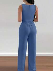 Conjunto de 2 piezas para mujer compuesto por top de tirantes escote en V elegante y pantalones rectos, diseño con lazo hueco - Azul - Ver 2