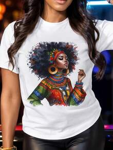 Women's T-Shirt With African-Inspired Floral Print - Vibrant Design Of An African Woman's Face And Traditional Attire, Round Neck, Casual And Semi-Formal Style, Suitable For All Seasons, Cultural Clothing For Casual Wear And Themed Events, Breathable Fabric With Intricate Details, African Sports T-Shirts For Women - 白色 - 查看 6