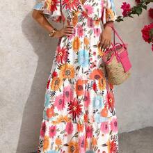 Vacation Stylish Floral Print Ruffle Sleeve Crossed Neck Dress Summer Beach Dress Vacation Outfits Women Spring Summer Outfits Floral Dress Country Dress Resort Wear Women Vacation Dress Women's Summer Dresses Women Spring Dress Floral Women Dress Wild Flower Dress Women Summer Dresses - Multicolor - Ver 6